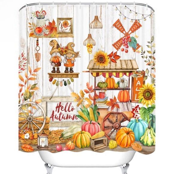 Fall Country Shower Curtain Gnome Pumpkin Farmhouse Autumn - Picture 1 of 1